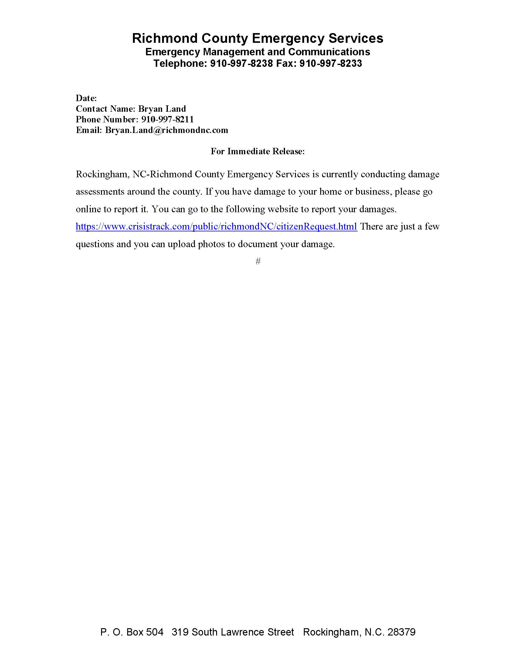 Damage Assessment Press Release